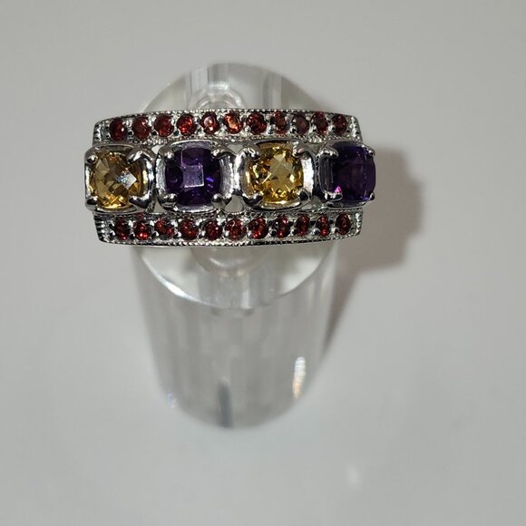 .925 Sterling Silver Natural Amethyst/Garnet/Citrine Ring Size 7 Value $670 - Picture 1 of 7